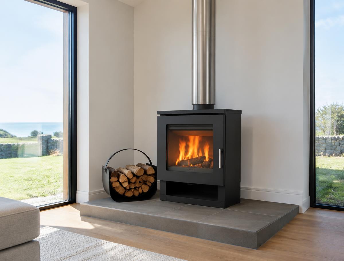 Modern stove installation in a living room